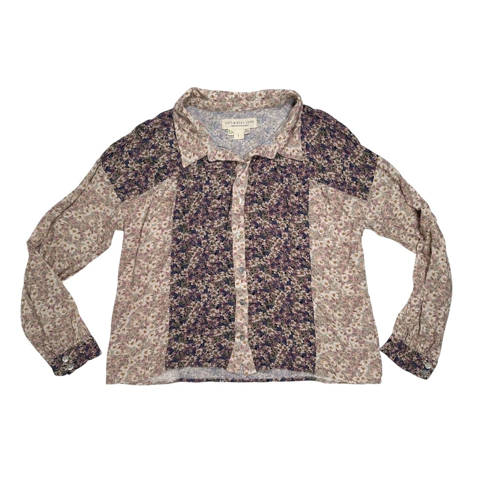Saltwater Luxe Floral Print Button-Up Top Long Sleeve Cottagecore Blouse size L